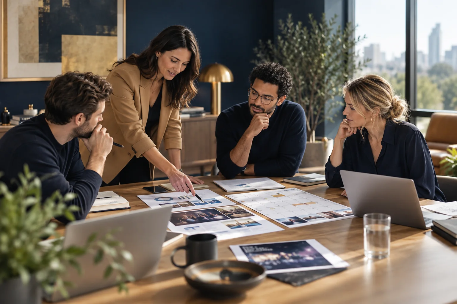 A small team planning a campaign at a whiteboard covered in notes
